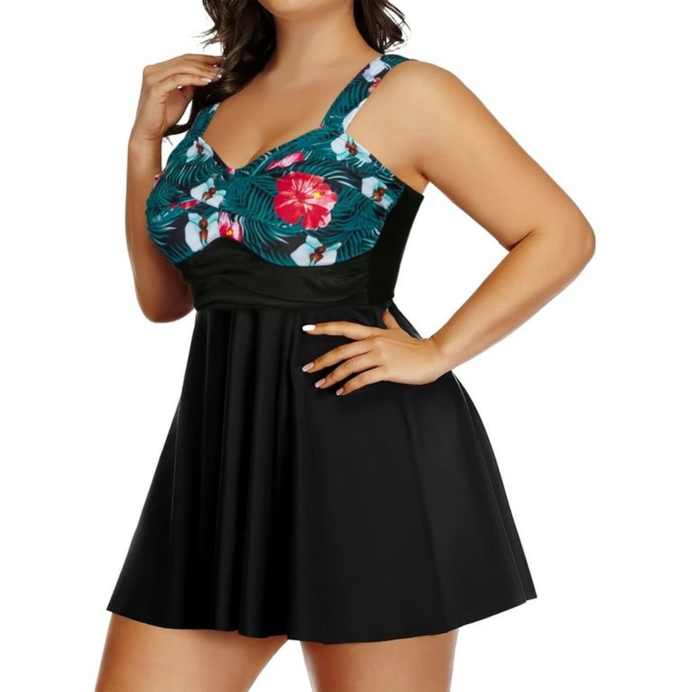 Chama Plus Size Flowy Swimdress Retro Printed Swimsuit Empire Waist Tankini - Picture 3 of 10